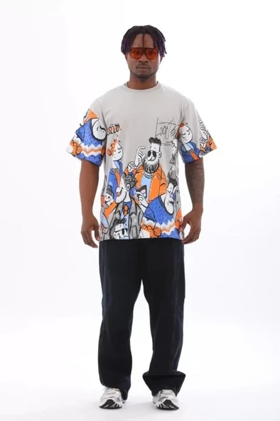 Unisex Oversize Baskılı Bisiklet Yaka T-Shirt - Gri ürün görseli