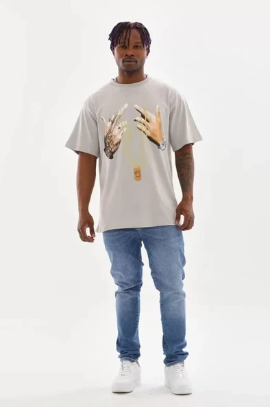 Unisex Baskılı Oversize T-Shirt - Gri - Resim 4