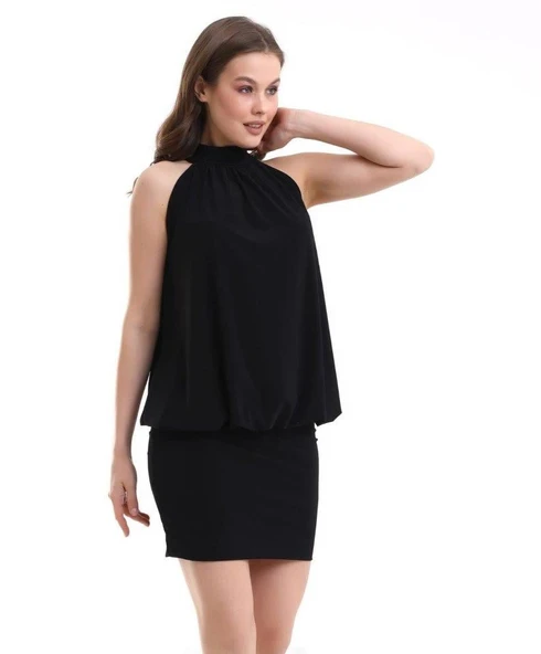 Kadın Yüksek Yaka Büzgü Detaylı Şifon Garnili Sandy Kumaş Fırsat Ürün Diz Üstü Elbise - Resim 2