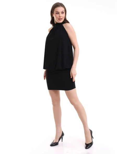 Kadın Yüksek Yaka Büzgü Detaylı Şifon Garnili Sandy Kumaş Fırsat Ürün Diz Üstü Elbise - Resim 5