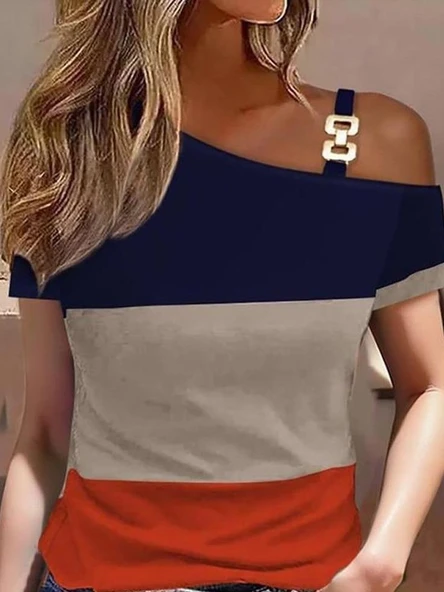 Kadın Kısa Kollu Tek Omuzu Açık Toka Detaylı çok Renkli Viskon Bluz - Resim 2