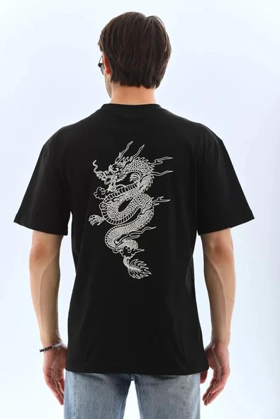 Unisex Oversize Baskılı Bisiklet Yaka T-Shirt - Siyah - Resim 2