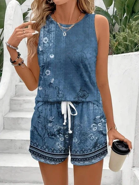 Kadın Askılı Yuvarlak Yaka çiçek Baskılı Süprme Bluz Ve Short Ikili Takım - Resim 5