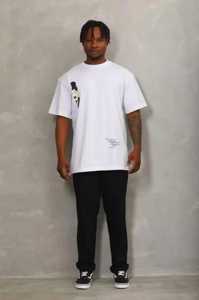 Unisex Oversize Baskılı Bisiklet Yaka T-Shirt - Beyaz - Resim 4