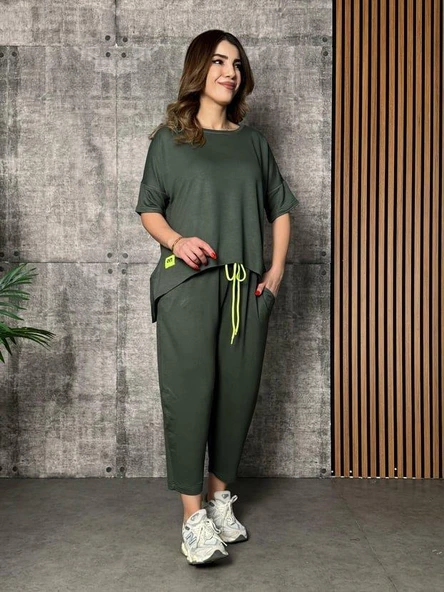 Kadın Kısa Kollu Bisiklet Yaka Viskon Iki Iplik Bluz Ve Pantolon Ikili Takım - Resim 4