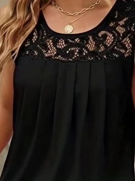 Kadın Askılı Yuvarlak Yaka Dantel Detaylı Viskon Bluz - Resim 2