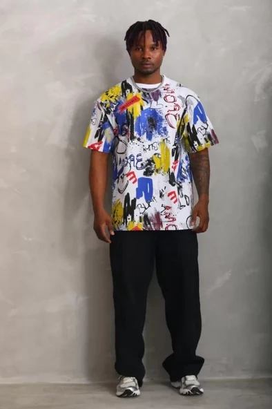 Unisex Oversize Baskılı Bisiklet Yaka T-Shirt - Beyaz ürün görseli