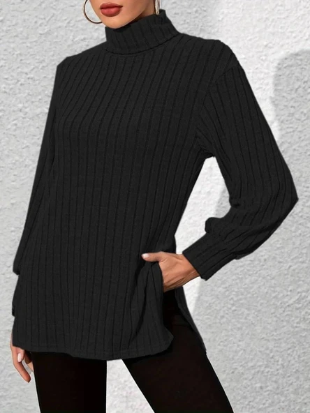 Kadın Uzun Kollu Balıkçı Yaka Yandan Yırtmaçlı şardonlu Kaşkorse Bluz - Resim 3