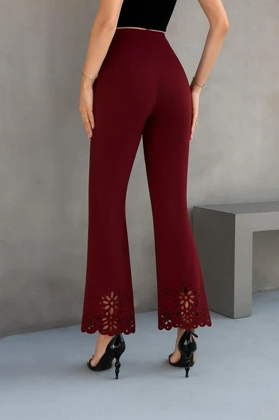 Kadın Yüksek Bel Paçaya Doğru Genişleyen Lazer çiçek Kesim Detaylı Ithal Krep Pantolon - Resim 2