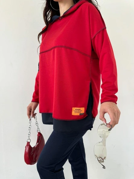 Kadın Kırmızı Kapşonlu Etek Ucu Detay Arma Ters Dikiş Gorunumlu Ikili Takım - Resim 12