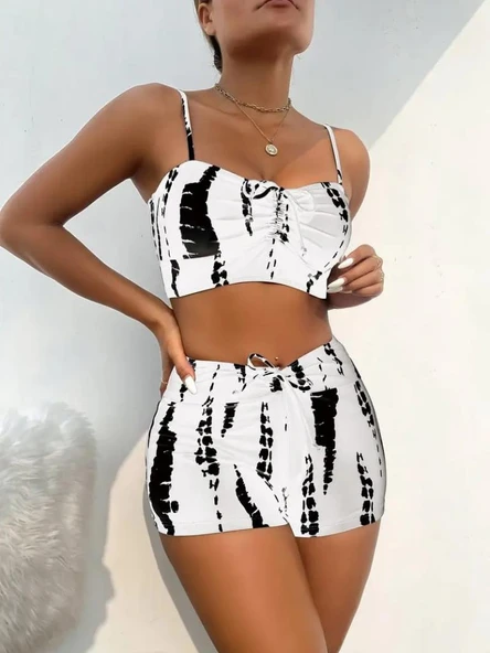 Kadın Büzgü Detay Askılı Crop Mini Tayt Ikili Takım - Resim 3