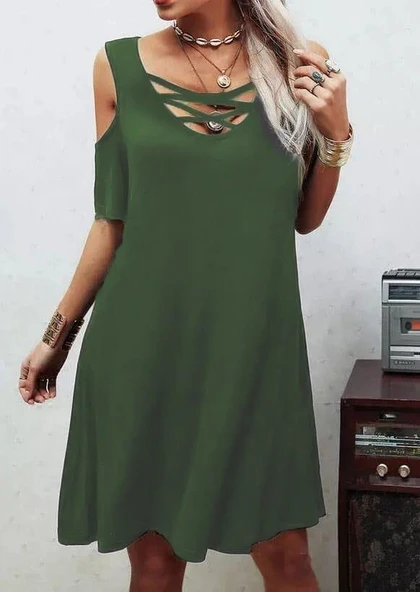 Dekolteli Bağcık Detay Viskon Kumaş Elbise - Resim 5