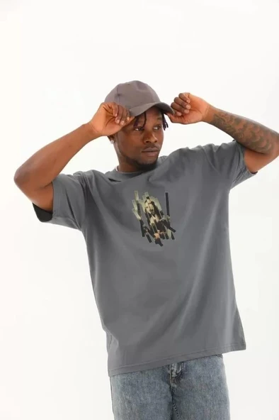 Unisex Oversize Baskılı Bisiklet Yaka T-Shirt - Füme - Resim 2