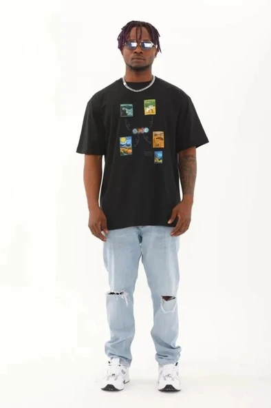 Unisex Oversize Baskılı Bisiklet Yaka T-Shirt - Siyah - Resim 4