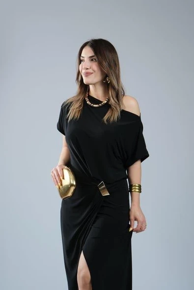 Kadın Kısa Kollu Tek Omuzdan Açık Beli Lastikli Sandy Maxi Elbise - Resim 3