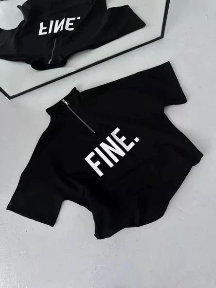 Unisex Baskılı Yarım Fermuarlı T-Shirt - Siyah - Resim 4