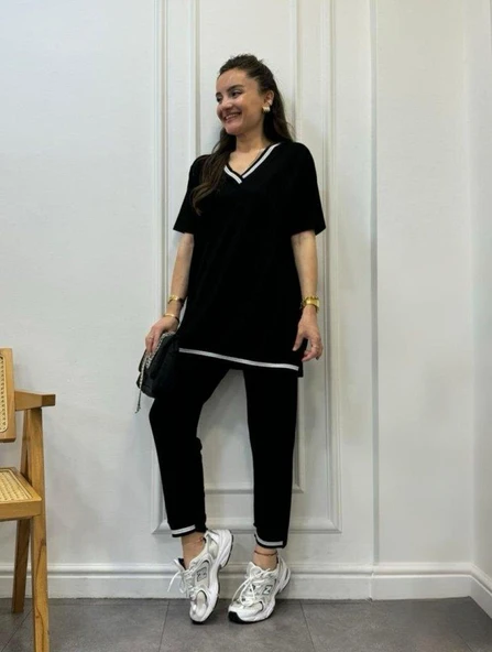 Kadın Kısa Kollu V Yakalı Iki Iplik Bluz Ve Pantolon Ikili Takım - Resim 8