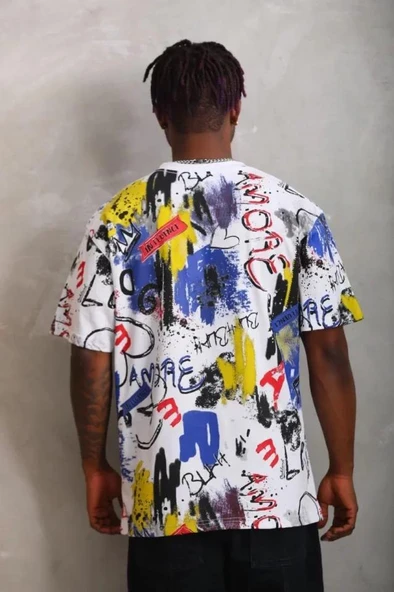 Unisex Oversize Baskılı Bisiklet Yaka T-Shirt - Beyaz - Resim 2