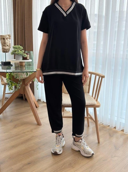 Kadın Kısa Kollu V Yakalı Iki Iplik Bluz Ve Pantolon Ikili Takım - Resim 3