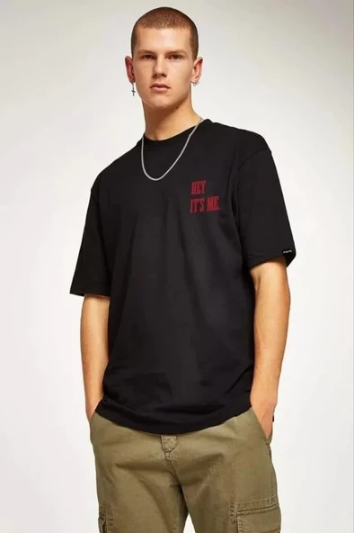 Unisex Bisiklet Yaka Oversize Baskılı T-Shirt - Siyah - 1
