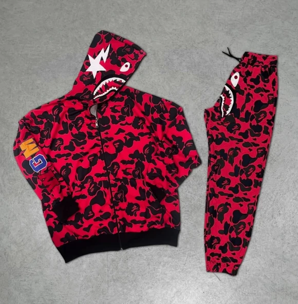 Unisex Pubg Bape X Shark Eşofman Takımı - Kırmızı ürün görseli