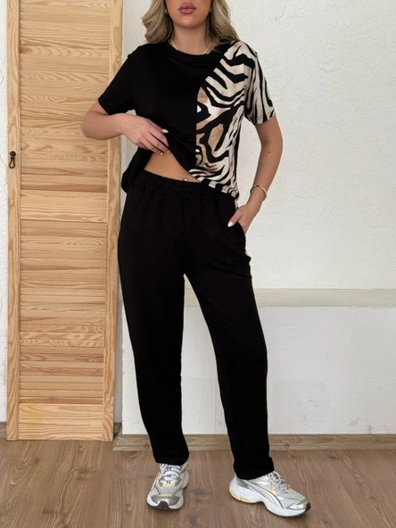 Kadın Bisiklet Yaka Kısa Kol Leopar Desen Bluz Ve Pantolon Ikili Takım - Resim 4