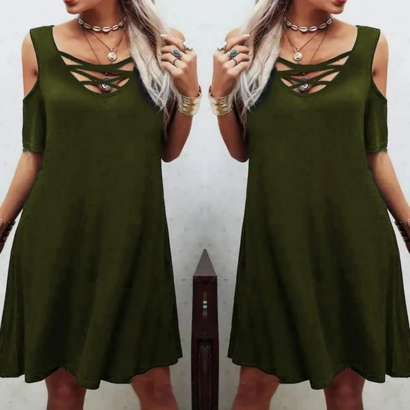 Dekolteli Bağcık Detay Viskon Kumaş Elbise - Resim 2