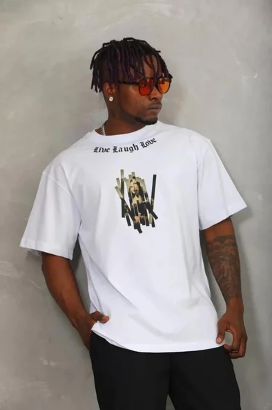 Unisex Oversize Baskılı Bisiklet Yaka T-Shirt - Beyaz - Resim 3