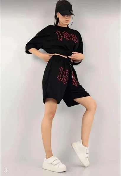 Unisex Nakış İşlemeli Şort Takım - Siyah - Resim 3