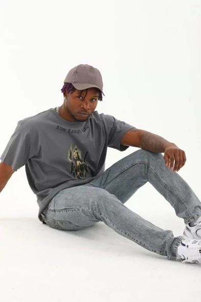 Unisex Oversize Baskılı Bisiklet Yaka T-Shirt - Füme - Resim 3