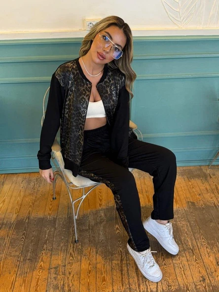 Kadın İki İplik Kumaş Yılan Desenli Fermuarlı İkili Takım - Resim 3