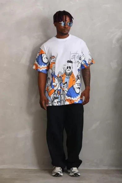 Unisex Oversize Baskılı Bisiklet Yaka T-Shirt - Beyaz ürün görseli