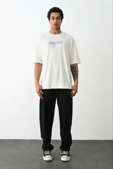 Unisex Baskılı Oversize T-Shirt - Beyaz - Resim 3