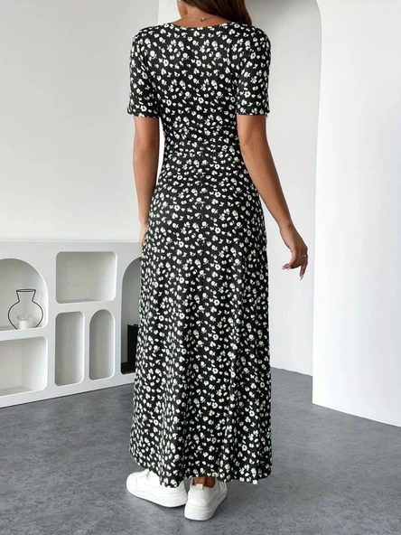 Kadın Kısa Kollu Kruvaze Yakalı çiçek Desenli Süprem Elbise - Resim 4