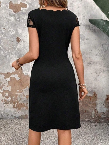 Kadın Kısa Kollu Kare Yakalı Ithal Krep Elbise - Resim 3