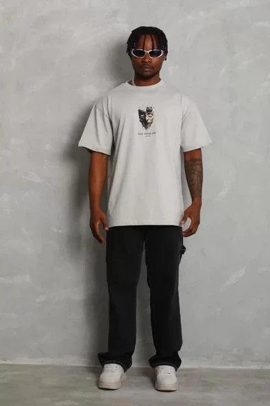 Unisex Oversize Baskılı Bisiklet Yaka T-Shirt - Gri - Resim 3