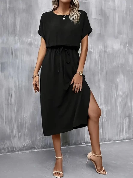 Kadın Kısa Kollu Yakası Açık Belden Bağlamalı Yırtmaçlı Viskon Elbise - Resim 5