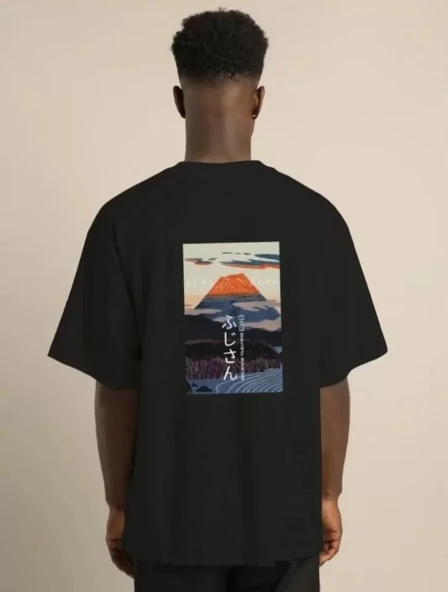 Unisex Bisiklet Yaka Baskılı Oversize T-Shirt - Siyah - Resim 4