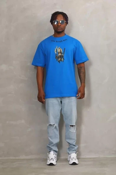 Unisex Oversize Baskılı Bisiklet Yaka T-Shirt - Mavi - Resim 4