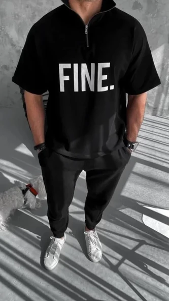 Unisex Baskılı Yarım Fermuarlı T-Shirt - Siyah - Resim 3