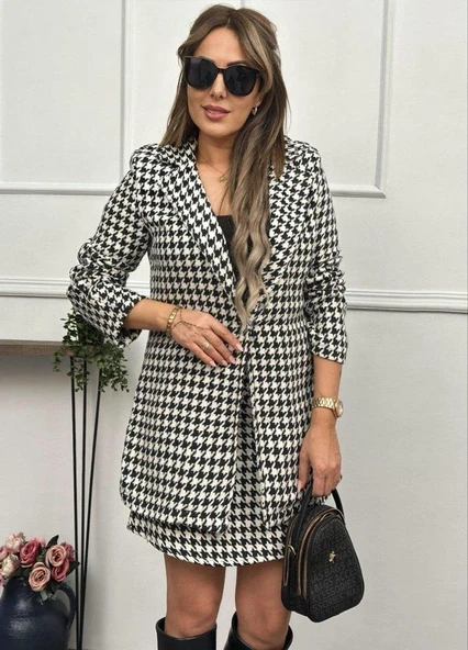 Kadın Kazayağı Desen Vatka Detay Kaban Ve Yüksek Bel Etek Ikili Takım - 10