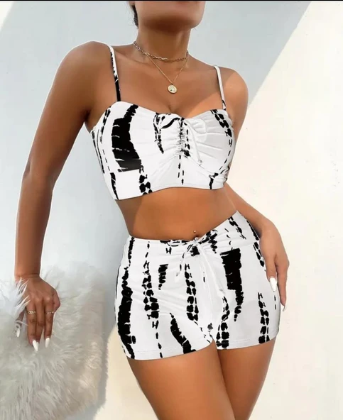 Kadın Büzgü Detay Askılı Crop Mini Tayt Ikili Takım ürün görseli