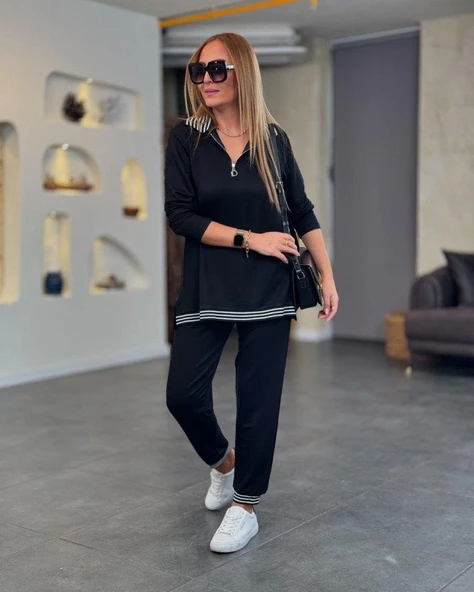 Kadın Uzun Kollu Ribana Ve Fermuar Detay Bluz Ve Yüksel Bel Pantolon 2li Takım - Resim 3