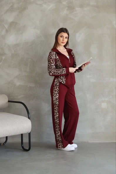 Osy Modal Yumuşak Dokulu Kumaş Kapüşonlu Leopar Desenli Fermuarlı Takım - Bordo - Resim 2