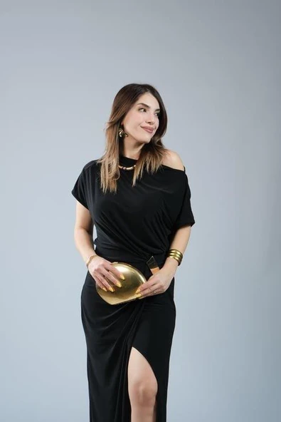 Kadın Kısa Kollu Tek Omuzdan Açık Beli Lastikli Sandy Maxi Elbise - Resim 6