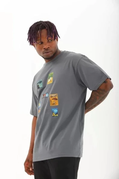 Unisex Oversize Baskılı Bisiklet Yaka T-Shirt - Füme ürün görseli