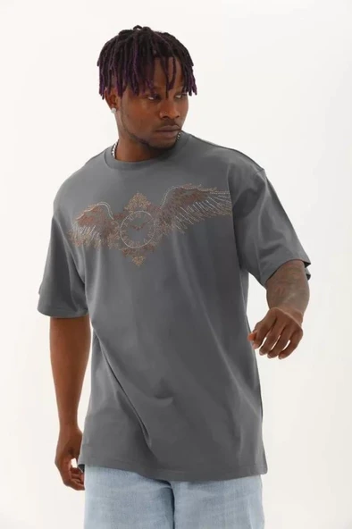 Unisex Oversize Taşlı Bisiklet Yaka T-Shirt - Füme - 1