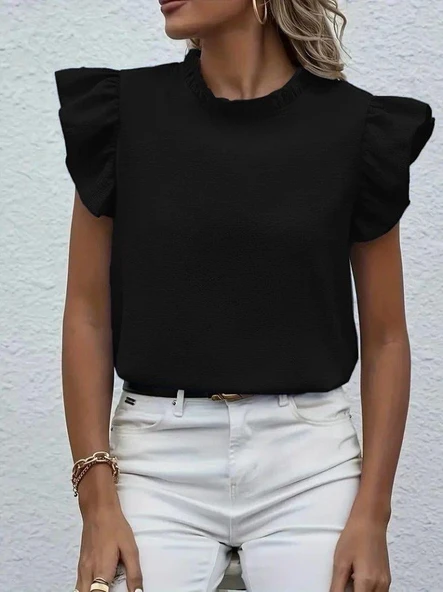 Kadın Kısa Kollu Fırfır Yakalı Bürümcük Bluz - Resim 2