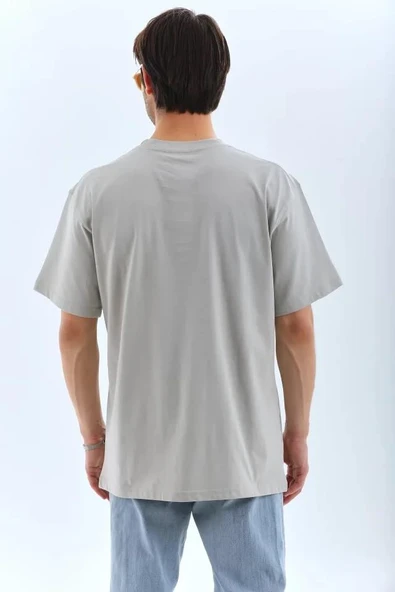 Unisex Oversize Taşlı Bisiklet Yaka T-Shirt - Gri - Resim 2