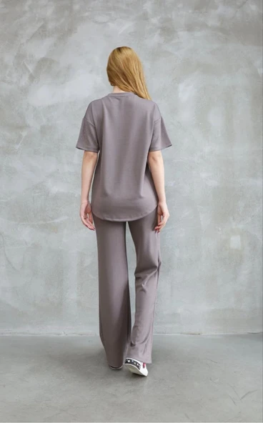 Osy Modal Yumuşak Dokulu Kumaş Bisiklet Yaka Taş Detaylı Kısa Kollu Takım - Vizyon - Resim 2